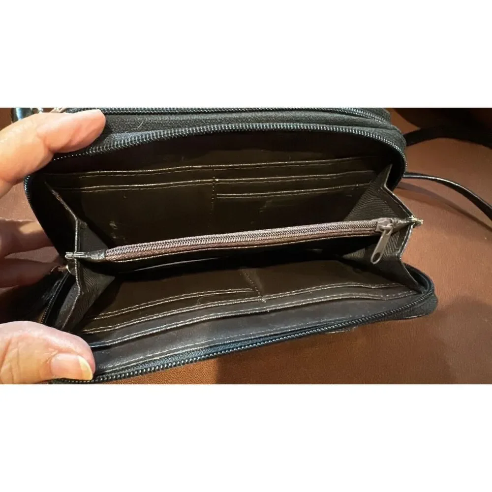 Fashion Crossbody Double Zippered Black & Brown Wallet Carry All Handbag